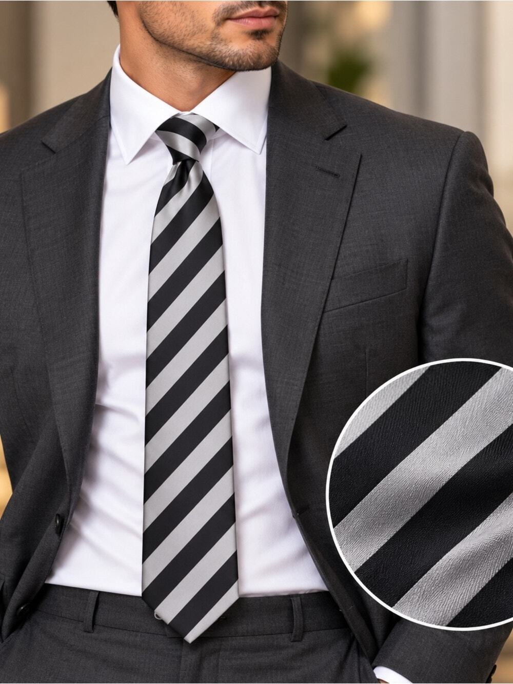 Murano 100 % Silk Classic Black & Silver Diagonal Striped Tie #1014
